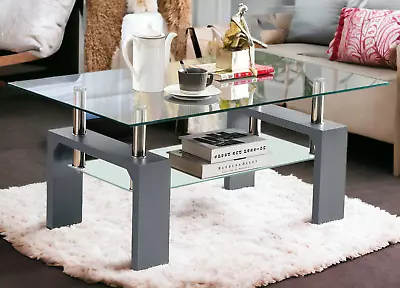 Glass Coffee Table With Storage Rectangle Living Room Wooden Legs Furniture • £55.99