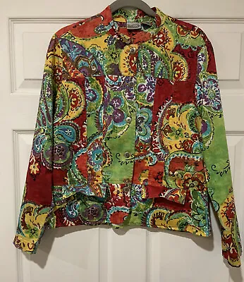 Chico’s Sz 1 Womens L/W Button Up Short Jacket W/Flap Pockets Mandarin Collar • $16.99