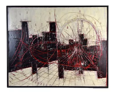Emil Gerard Midcentury Modern Abstract Oil Painting Amusement Park Ferris Wheel • $1295