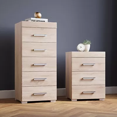 Sonoma Oak 5 Drawer Tall Boy Chest & 3 Draw Bedside - Bedroom Furniture Set NEW • £104.95