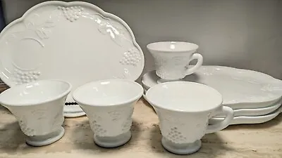 4 Mid Century Modern Milk Glass Snack Sets Plates Tea Cups Harvest Grape Indiana • $22.98