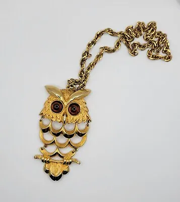 Vintage Owl Necklace Lucite Eyes 3D Hinged Gold Tone Articulated  • $12