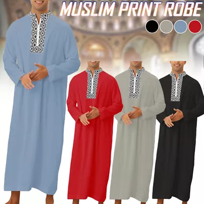 Men's Muslim Long Sleeve Clothing Saudi Jubba Arab Kaftan Thobe Long Dress Robe • £13.99