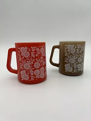 2  VTG Federal Glass Coffee Cup Mug Red Brown With White Floral Handle Kitschy • $25