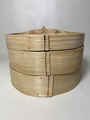 Natural Bamboo Steamer 2-Tier 3 PC For Vegetables Dumplings Fish Meats Dimsum • $12.50