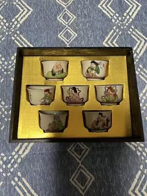 Kutani Seven Lucky Gods Choko Sake Cup Set Of 7 Wooden Box Japanese Sake • $168.13