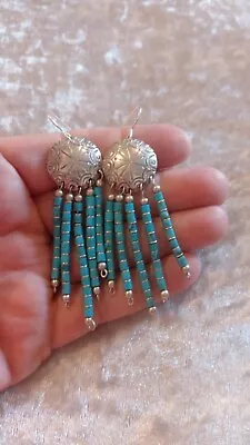 Vtg Native American Long Sterling Silver Turqouise Concho Style Drop Earrings • £36