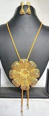 22K Gold Plated Indian 3  Diameter Pendant Earrings 16'' Chain Bridal Set Jagj62 • $32.79