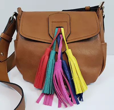 Melie Bianco Rainbow Multicolor Tassels Vegan Leather Over Shoulder Purse EUC • $54.99