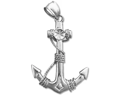 Rhodium Plated 925 Sterling Silver 3D Ship Anchor And Sailor Rope Pendant • $62.99