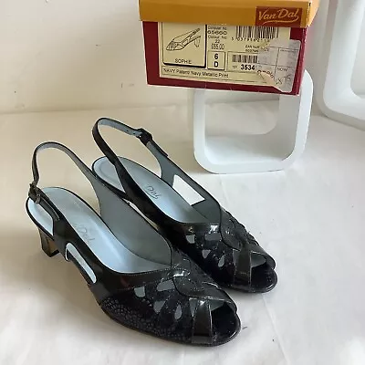 Ladies Van Dal Sophie Navy Patent Metallic Print Sling Back Shoes Size UK 6 D • £10.95