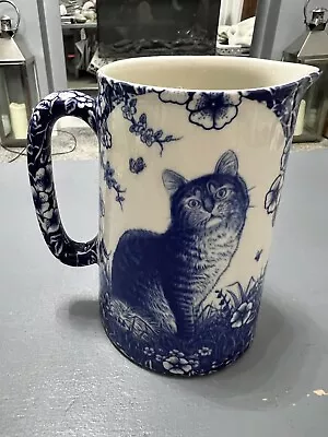 £12.99 • Buy HERON CROSS POTTERY JUG CAT AND FLOWERS ENDEARING INNOCENCE. BLUE & WHITE H 14cm