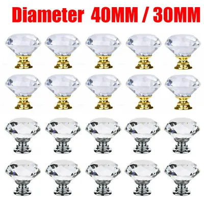 30MM/40MM Crystal Door Knobs Diamond Glass Clear Cabinet Drawer Wardrobe Handle • £10.99