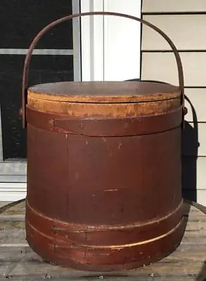 Antique New England Prim Old Brick Red Firkin Sugar Bucket &Lid 12 H Personalize • $199.99