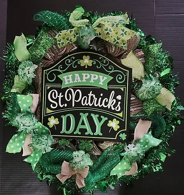 Large 22  Green Glitter Garland Happy St Patrick's Day Irish Deco Mesh Wreath • $79
