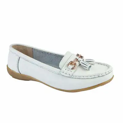 Ladies Leather Slip On White Shoes Nautical Flat Jo & Joe • £30.99