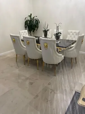 $2499 • Buy Marble Dinning Table With 8 White Leather Chairs/gold Lion Ring 