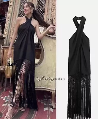 ZARA NEW WOMAN MIDI HALTER FRINGED LINEN DRESS BLACK Size L • £45