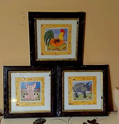 Set Of 3 Vintage Childrens Farm Animal Pictures Prints Sheep Cockerel Pig Framed • $18.66