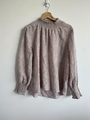 Decjuba Dusty Pink Long Sleeve High Neck Sheer Blouse Size 10 • $16.99