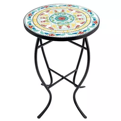 Merra Side Table 21 X14 X14  Black Metal Mosaic Top W/Curved Legs Flora Pattern • $59.08