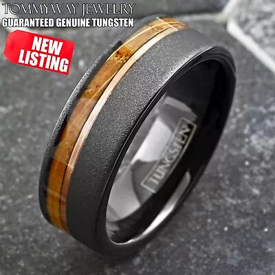 Black Tungsten Carbide Men's Ring Rose Gold Plated & Whiskey Barrel Wedding Band • $22.99