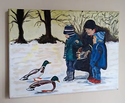 Family Winter Scene Snow & Ducks Original Painting  • £66