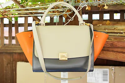 CELINE $2700 Small Trapeze Handbag Multicolour Shiny Smooth Calfskin Tote Bag • $1140