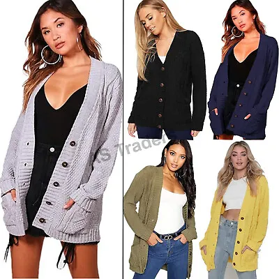 Women Ladies Cable Chunky Knit Cardigan Button Long Sleeves Grandad Cardigan • £14.98