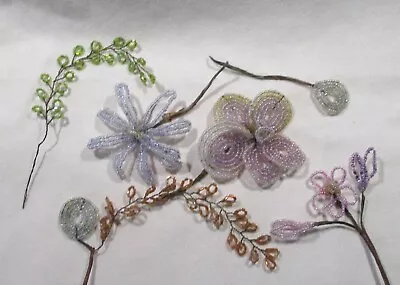 Vintage French Glass Seed Beaded - Flowers - Leaves - Components - Lavenders • $15