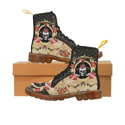 Funky Vintage Skull Tattoo Style Canvas Boots Womens Ankle Boots Size 10 • $80