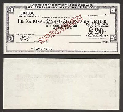 Australia The National Bank Of Australasia 20 Pounds Travellers Cheque SPECIMEN • $8.99