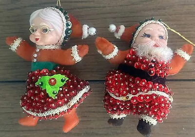 Vtg Walco Flocked Christmas Ornaments Mr Mrs Santa Claus Pin Beaded Sequin Pair • $20