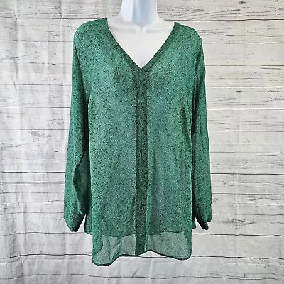 Cabi 5208 Womens Bountiful Blouse Sz Large Green Long Sleeve Sheer V-Neck • $14.99