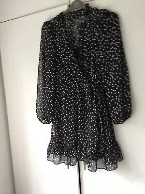 Ladies George Brand Black Polka Dot Chiffon Dress Size 16 • £4.99
