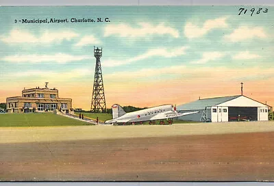 Charlotte NC Postcard Municipal Airport Airplane Vintage Linen Post Card • $3.99