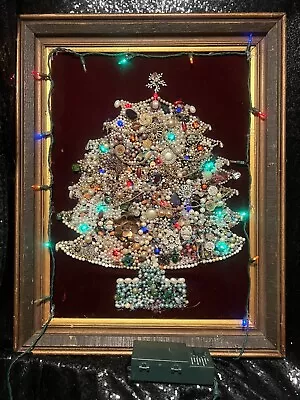 Vintage LARGE Handmade JEWELRY CHRISTMAS TREE Red Velvet LIGHTS UP Framed 23x29 • $75