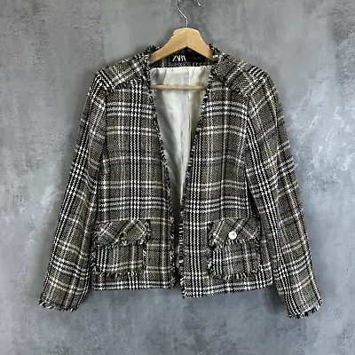 Zara Boucle Jacket Size Medium Brown Tartan Check Pockets Knit Preppy • £28.16