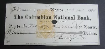 Old 1868 - Columbian National Bank - BOSTON MASS. - BANK CHECK  - Revenue Stamp  • $7.99