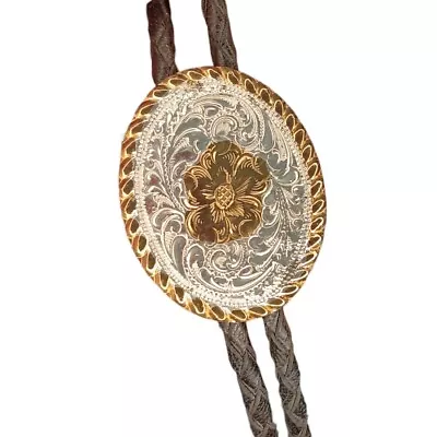 Crumrine Western Mens Bolo Neck Tie Oval Floral Gold And Silver Tone Vintage  • $35