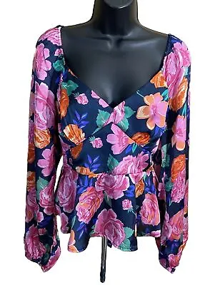 Mi Ami Women’s Floral Off The Shoulder Long Sleeve Too Silk Like Material Sz XL • $13.99