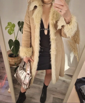 £70 • Buy Afghan Fur Trim Beige Cream Y2k Suede Long Bratz Coat Size 10