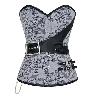 Steampunk Corset Large Floral Overbust Steel Boned Lace Up Busk Gray Black • $36
