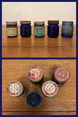 5 VICKS Medicine Bottles Blue Glass VAPORUB White Salve Cobalt Pharmacy Antique • $35.99