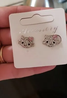 $11.66 • Buy Pink & Clear Rhinestone Hello Kitty Stud Earrings With Flower Cat Jewelry New