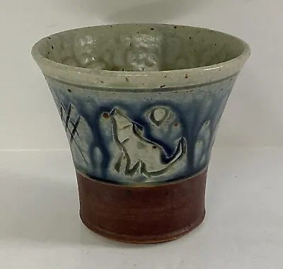 An Unusual Allan Pace Studio Pottery Small Vase Wolf Howling At The Moon. • £6