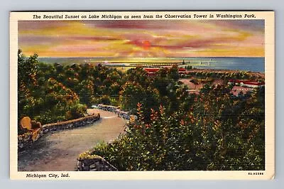 Michigan City IN-Indiana Sunset On Lake Michigan Tower Vintage Postcard • $7.99