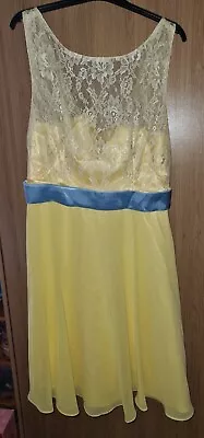 * YELLOW Blue Knee Length Party Prom Dress Bridesmaid LACE Corset Back 12  14 • £8