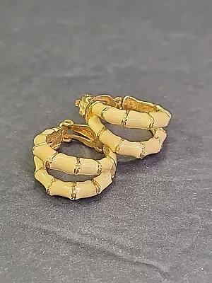 Ivory & Gold Toned Enamel Double Hoop Bamboo Light Beige Clip On Earrings • $6