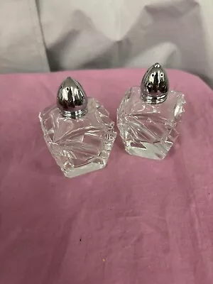 Vintage Small Square Heavy Crystal Salt & Pepper Shakers Metal Caps Ribbed • $6.50